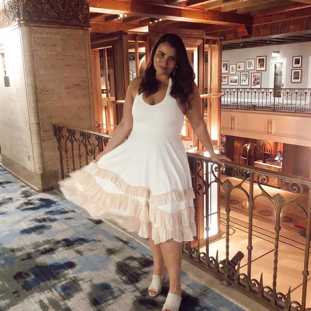 Halter White Dress with Blush Ruffle Hem